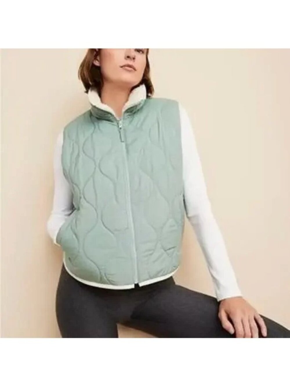 Lou & Grey for LOFT Womens Size XL Reversible Quilted Sherpa Pocket Vest Green